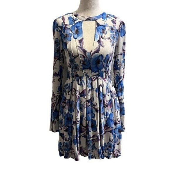 Free People Floral Print Long Sleeve Mini Dress Keyhole Front AND Back Small - Picture 10 of 10
